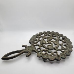 Vintage Black Cast Iron Footed Trivet Sad Iron Stand windmill & Hearts